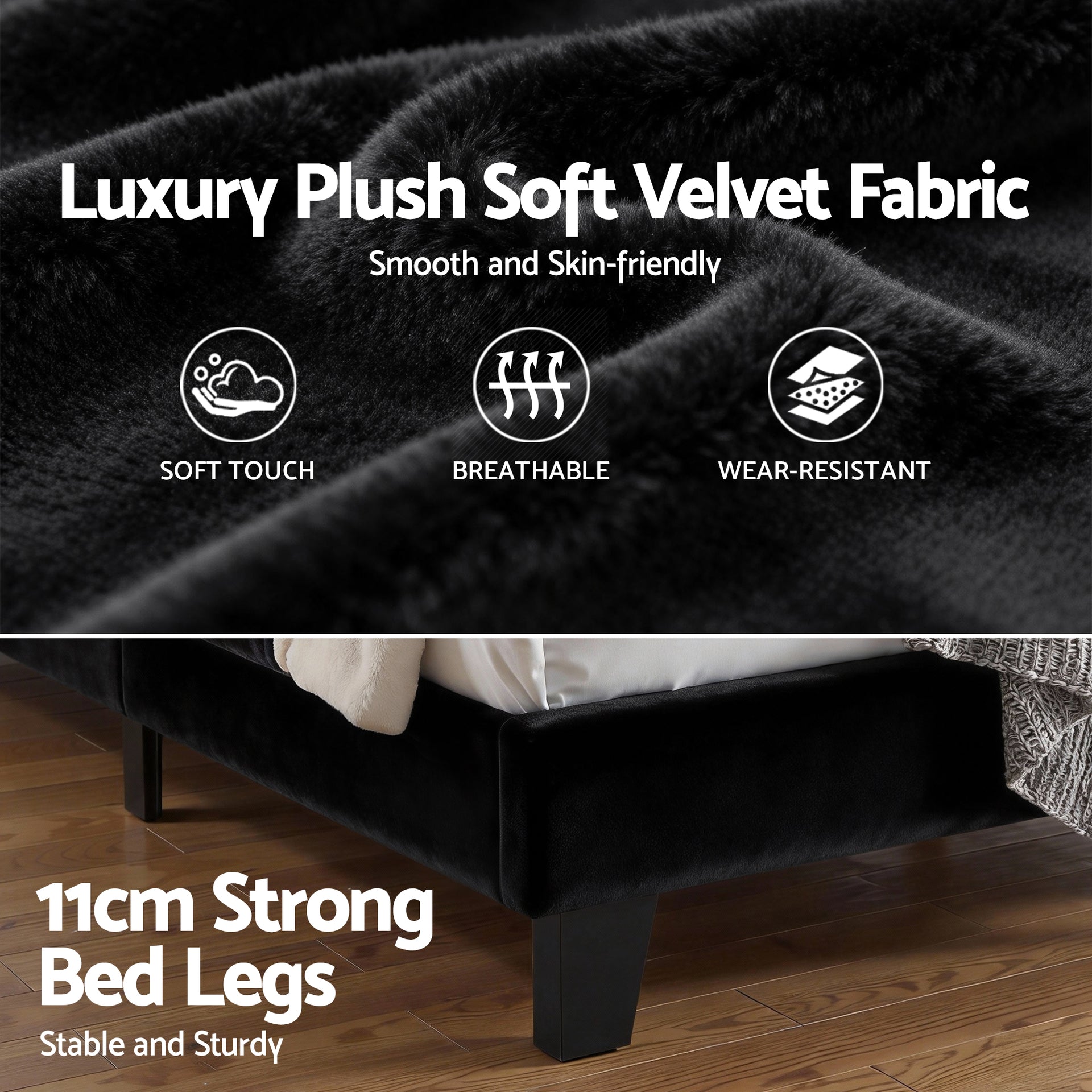 Artiss Double Bed Frame Upholstered Platform Base with Geometric Headboard Black Velvet Awezingly