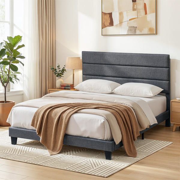 Artiss Double Bed Frame Upholstered Platform Base with Geometric Headboard Charcoal Grey Linen Wood Slats for Modern Bedroom Furniture Home Decor Awezingly