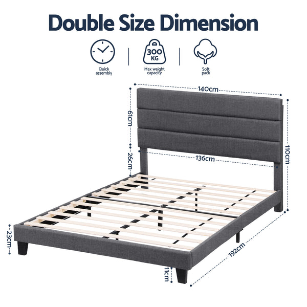 Artiss Double Bed Frame Upholstered Platform Base with Geometric Headboard Charcoal Grey Linen Wood Slats for Modern Bedroom Furniture Home Decor Awezingly