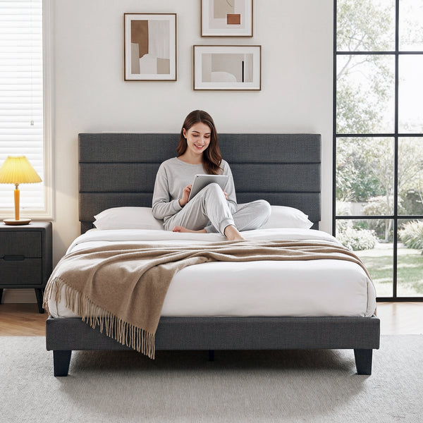 Artiss Double Bed Frame Upholstered Platform Base with Geometric Headboard Charcoal Grey Linen Wood Slats for Modern Bedroom Furniture Home Decor Awezingly