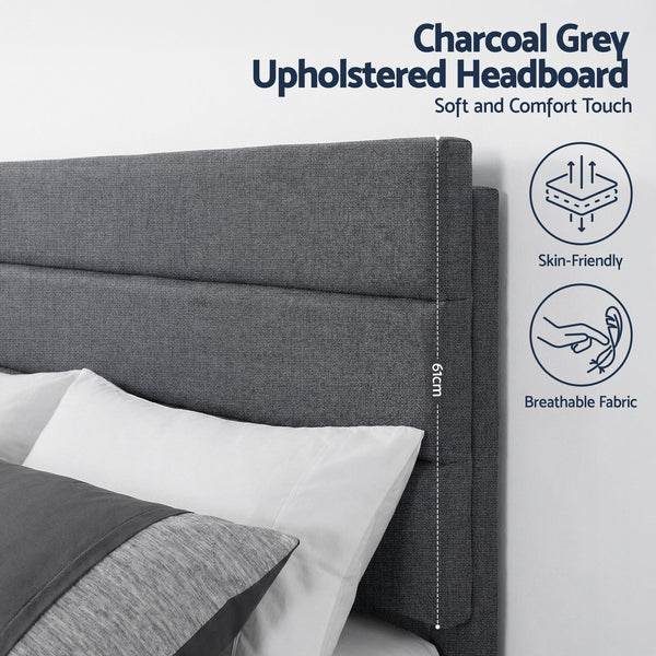 Artiss Double Bed Frame Upholstered Platform Base with Geometric Headboard Charcoal Grey Linen Wood Slats for Modern Bedroom Furniture Home Decor Awezingly