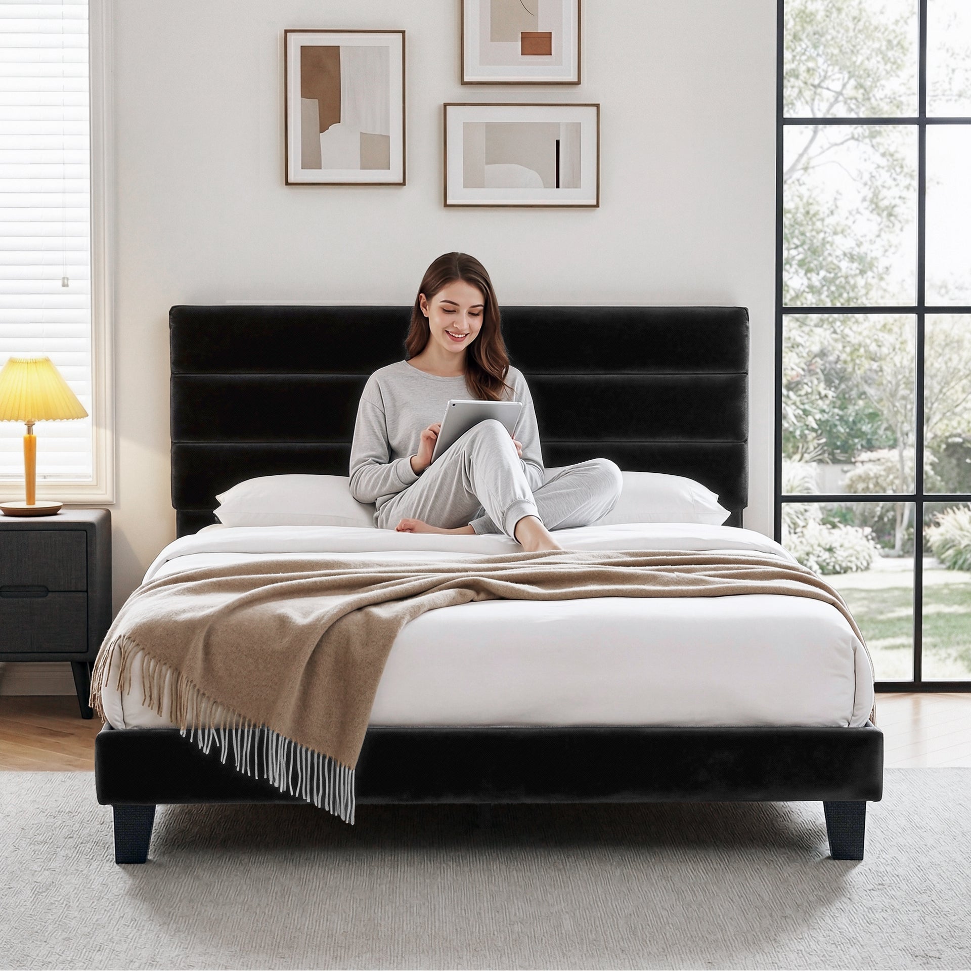 Artiss King Bed Frame Upholstered Platform Base with Geometric Headboard Black Velvet Awezingly