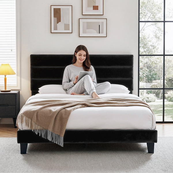 Artiss King Bed Frame Upholstered Platform Base with Geometric Headboard Black Velvet Awezingly