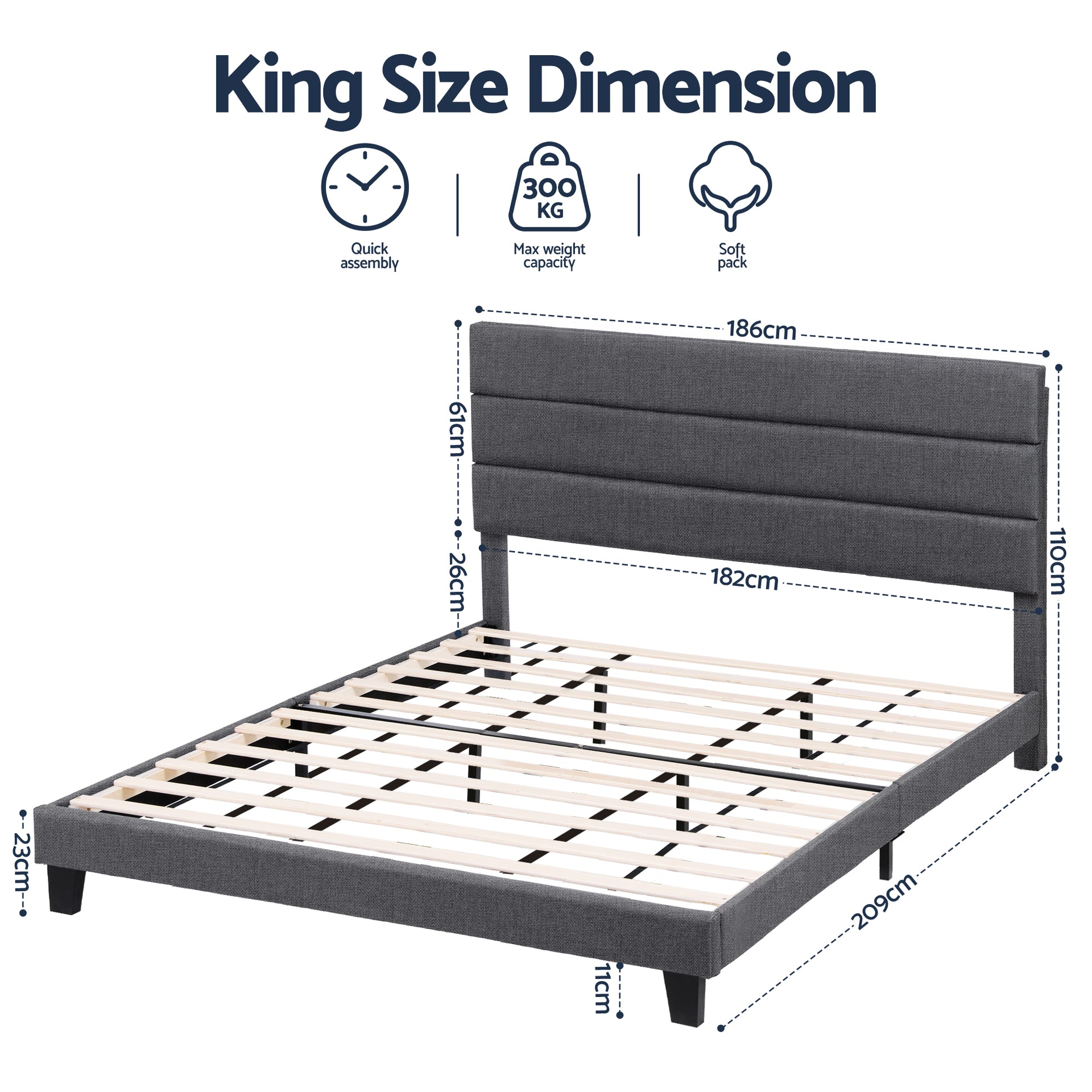 Artiss King Bed Frame Upholstered Platform Base with Geometric Headboard Charcoal Grey Linen Wood Slats for Modern Bedroom Furniture Home Decor Awezingly