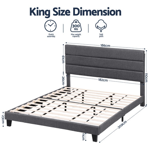 Artiss King Bed Frame Upholstered Platform Base with Geometric Headboard Charcoal Grey Linen Wood Slats for Modern Bedroom Furniture Home Decor Awezingly
