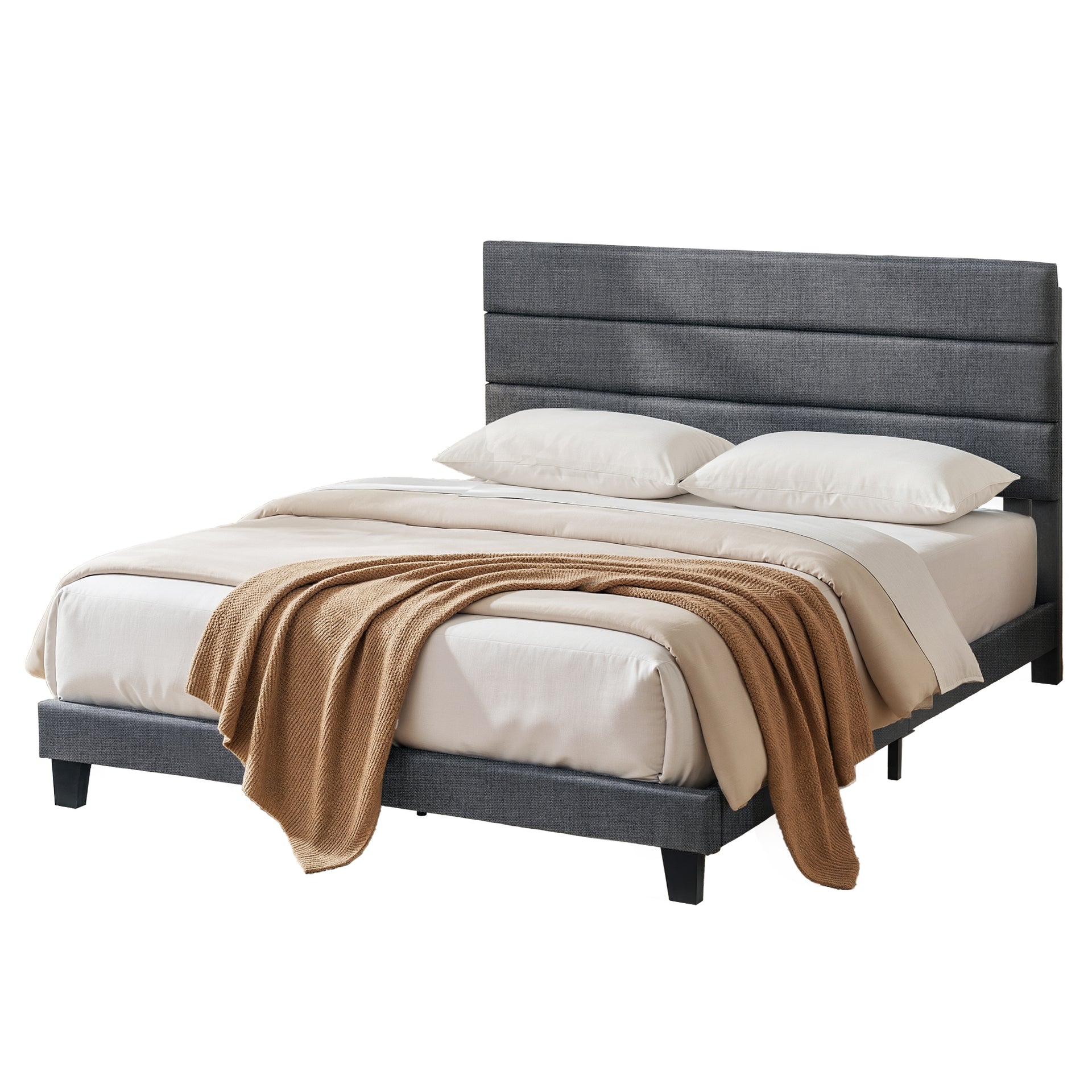 Artiss King Bed Frame Upholstered Platform Base with Geometric Headboard Charcoal Grey Linen Wood Slats for Modern Bedroom Furniture Home Decor Awezingly