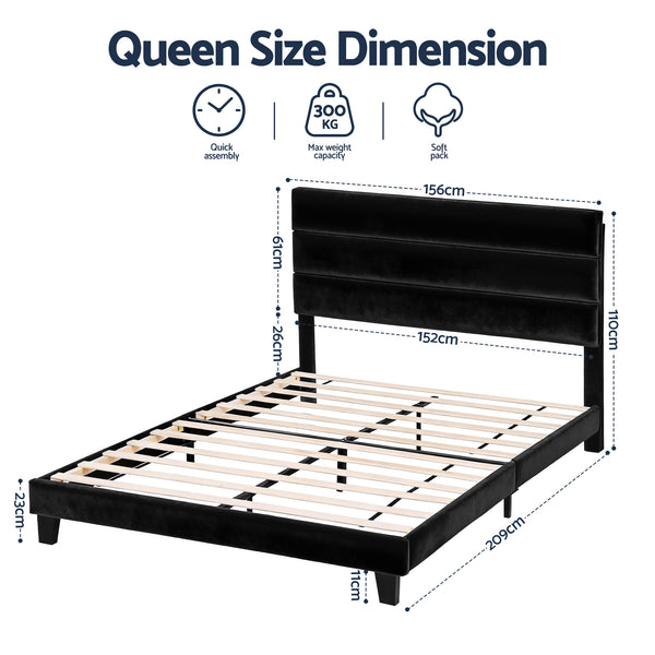 Artiss Queen Bed Frame Upholstered Platform Base with Geometric Headboard Black Velvet Awezingly