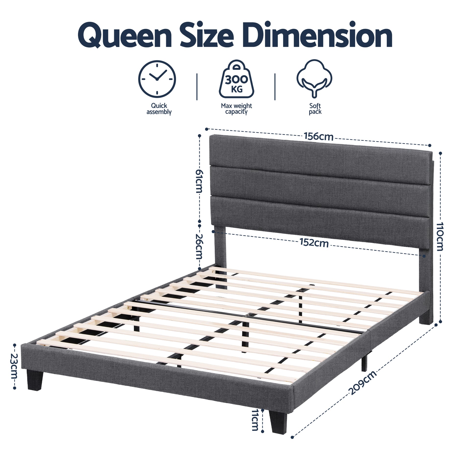 Artiss Queen Bed Frame Upholstered Platform Base with Geometric Headboard Charcoal Grey Linen Wood Slats for Modern Bedroom Furniture Home Decor Awezingly
