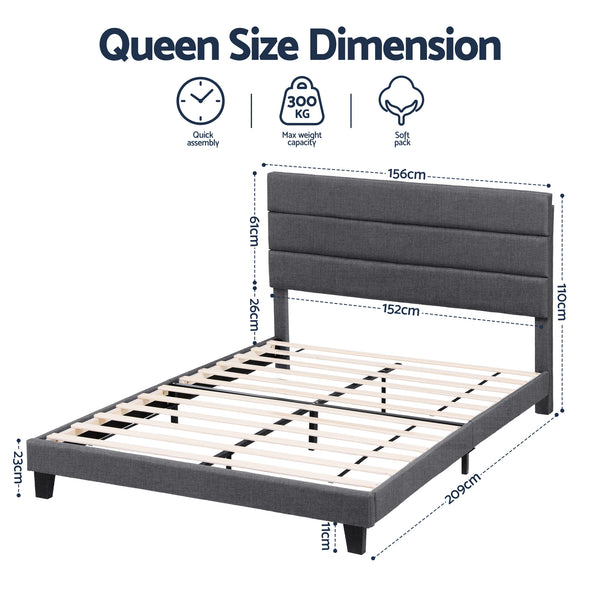 Artiss Queen Bed Frame Upholstered Platform Base with Geometric Headboard Charcoal Grey Linen Wood Slats for Modern Bedroom Furniture Home Decor Awezingly