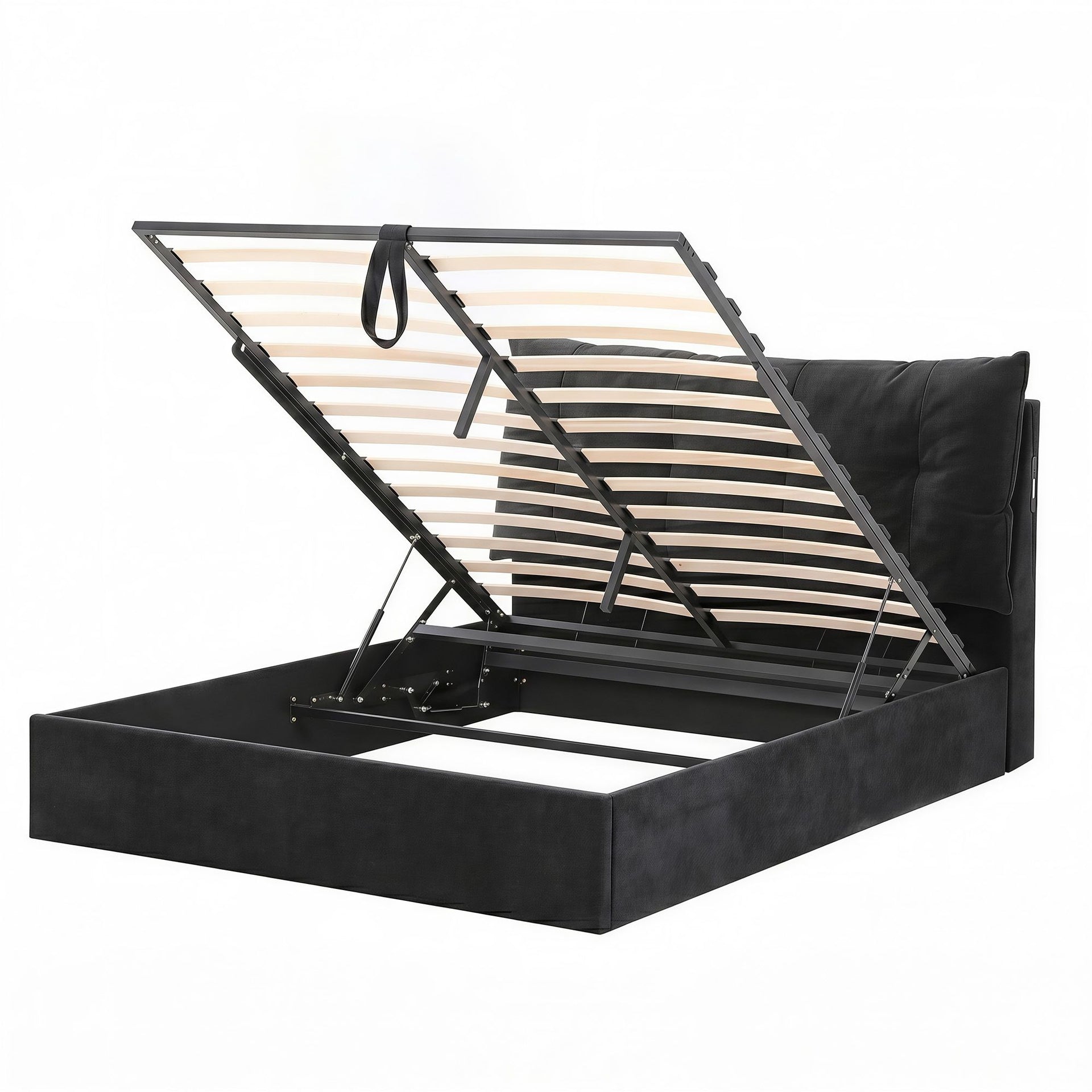 Artiss Queen Bed Frame with Horizontal Gas Lift Storage with LED Light USB Type-C Charging Station Black Velvet Awezingly