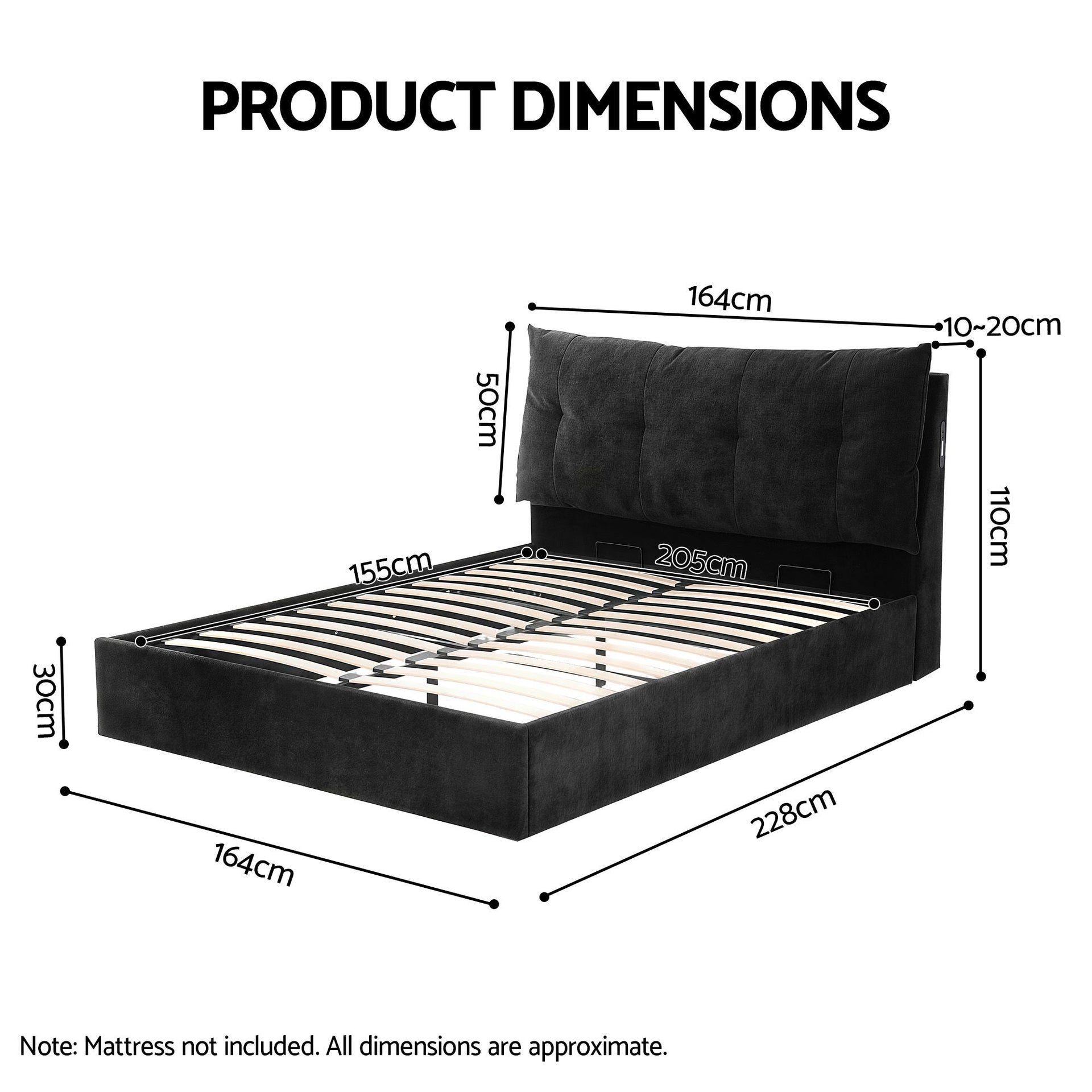 Artiss Queen Bed Frame with Horizontal Gas Lift Storage with LED Light USB Type-C Charging Station Black Velvet Awezingly