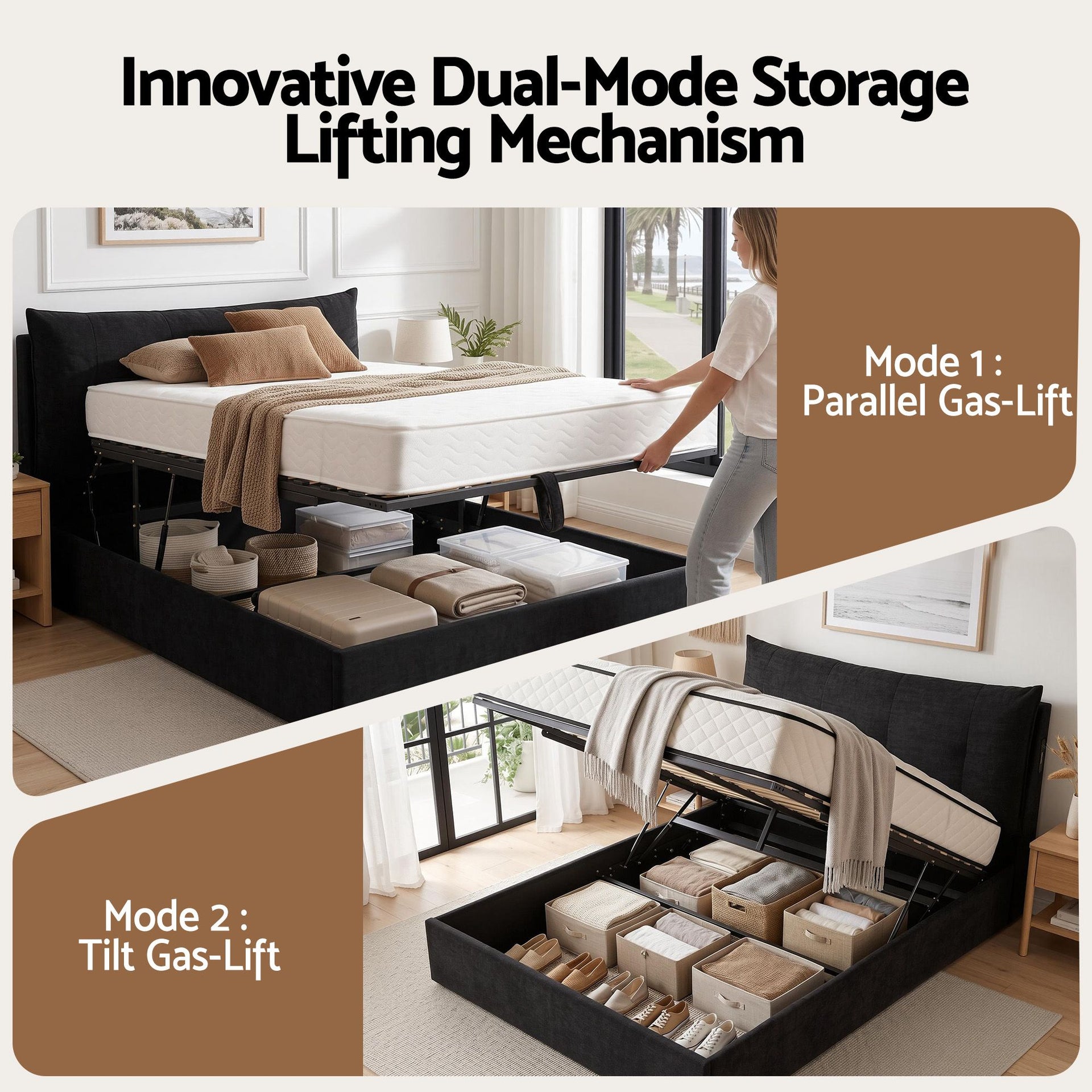 Artiss Queen Bed Frame with Horizontal Gas Lift Storage with LED Light USB Type-C Charging Station Black Velvet Awezingly