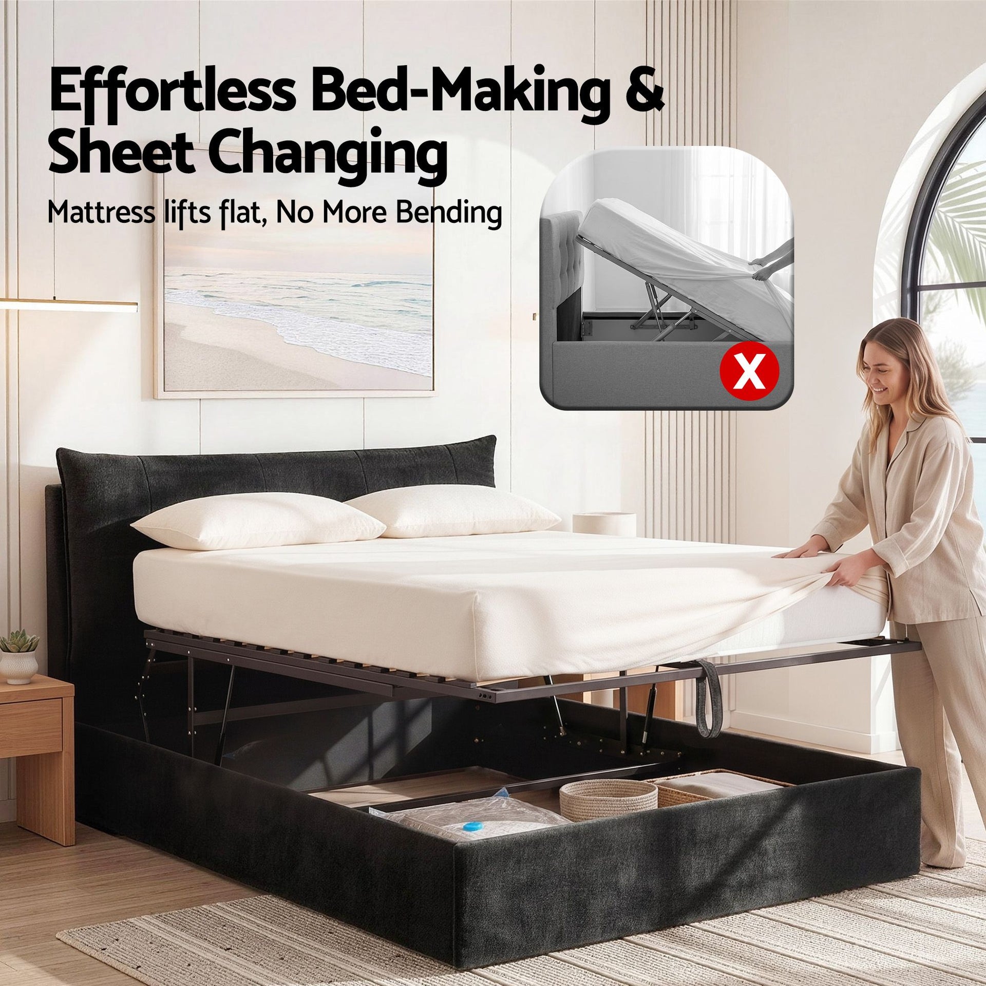 Artiss Queen Bed Frame with Horizontal Gas Lift Storage with LED Light USB Type-C Charging Station Black Velvet Awezingly