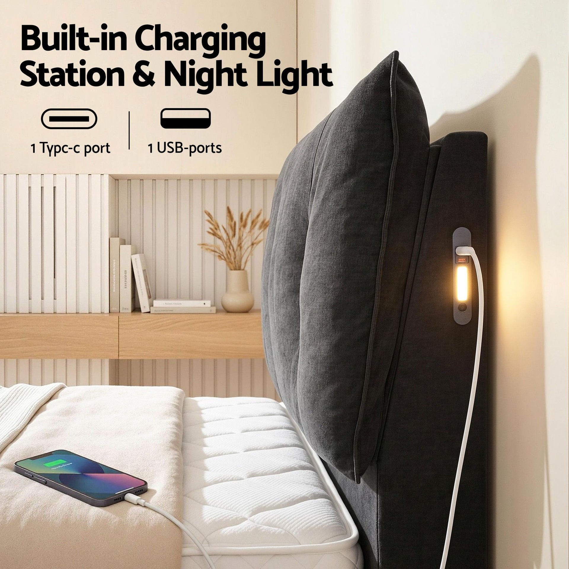 Artiss Queen Bed Frame with Horizontal Gas Lift Storage with LED Light USB Type-C Charging Station Black Velvet Awezingly