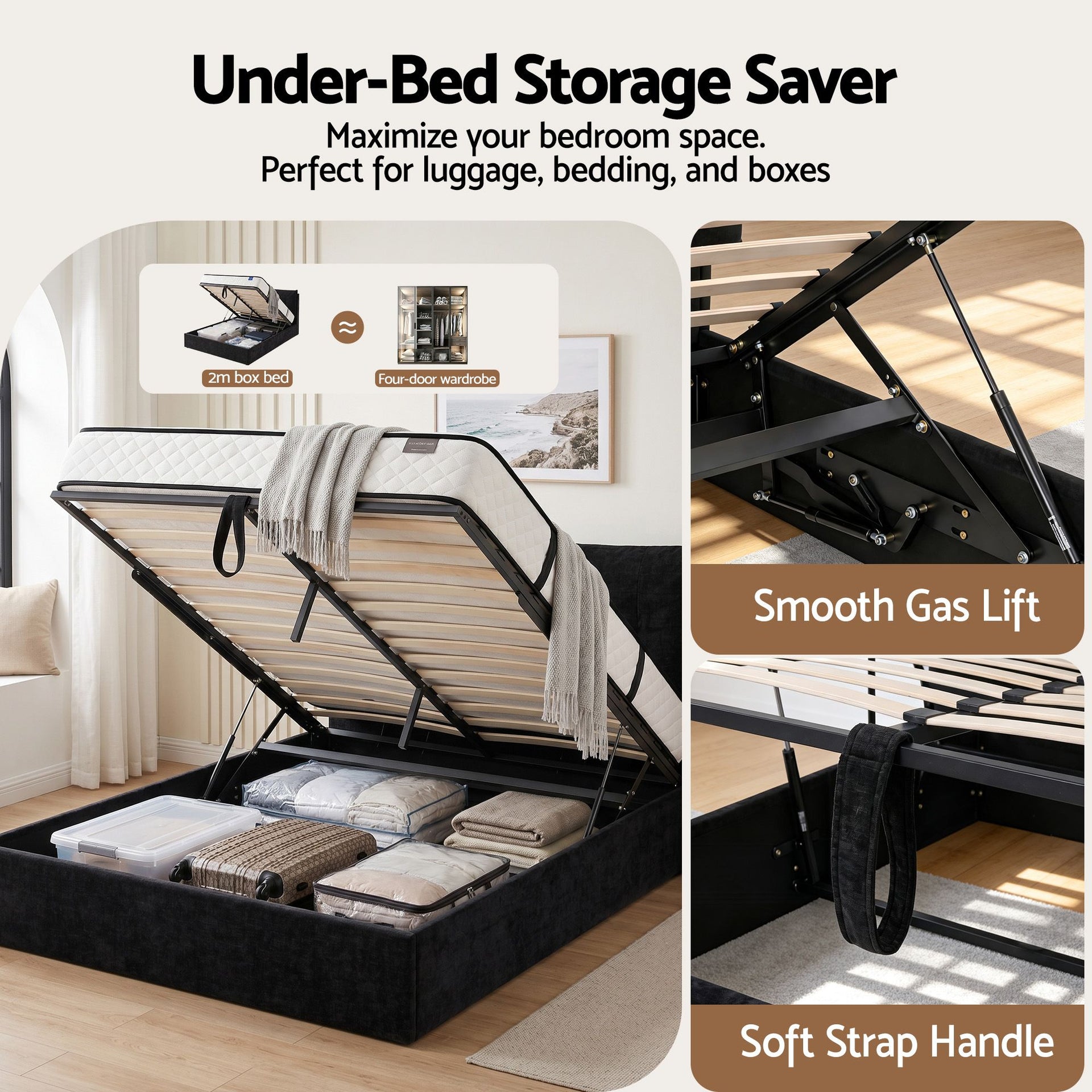 Artiss Queen Bed Frame with Horizontal Gas Lift Storage with LED Light USB Type-C Charging Station Black Velvet Awezingly