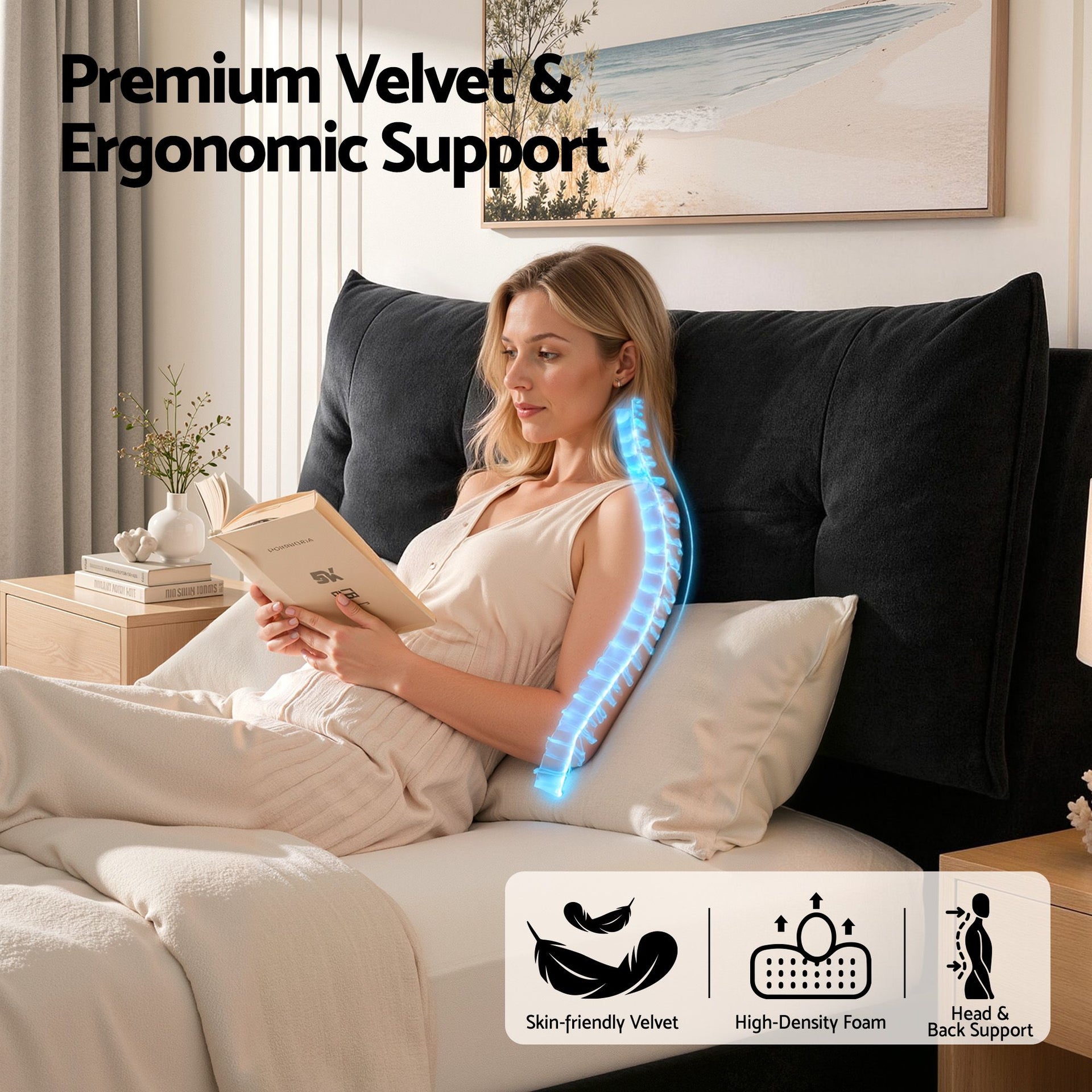 Artiss Queen Bed Frame with Horizontal Gas Lift Storage with LED Light USB Type-C Charging Station Black Velvet Awezingly