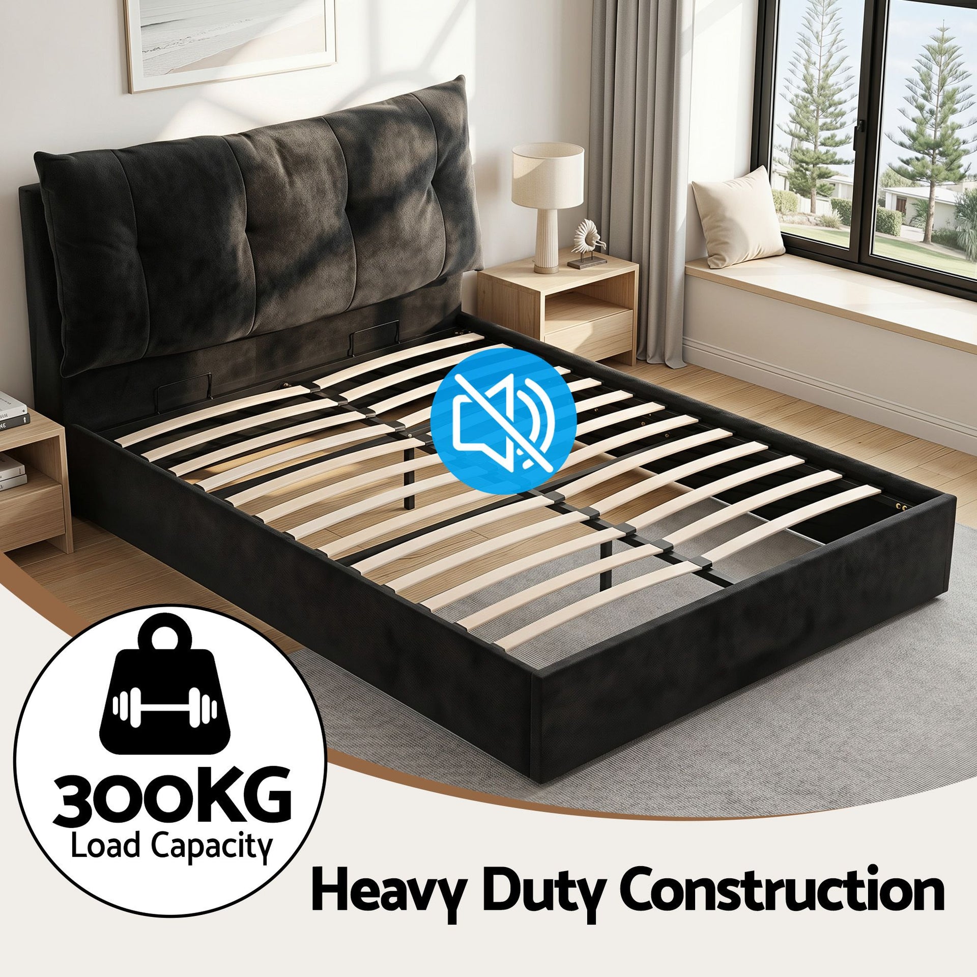 Artiss Queen Bed Frame with Horizontal Gas Lift Storage with LED Light USB Type-C Charging Station Black Velvet Awezingly