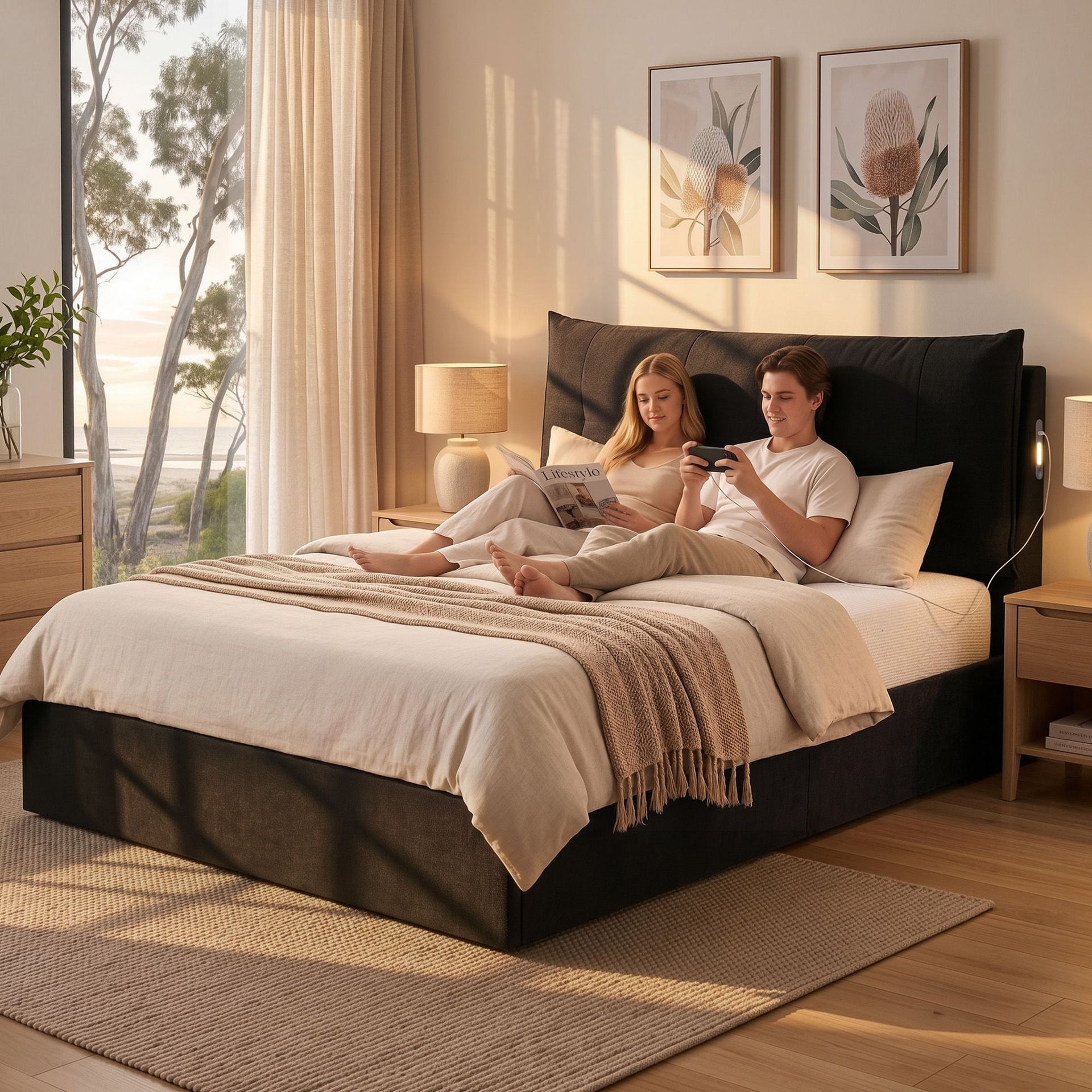Artiss Queen Bed Frame with Horizontal Gas Lift Storage with LED Light USB Type-C Charging Station Black Velvet Awezingly