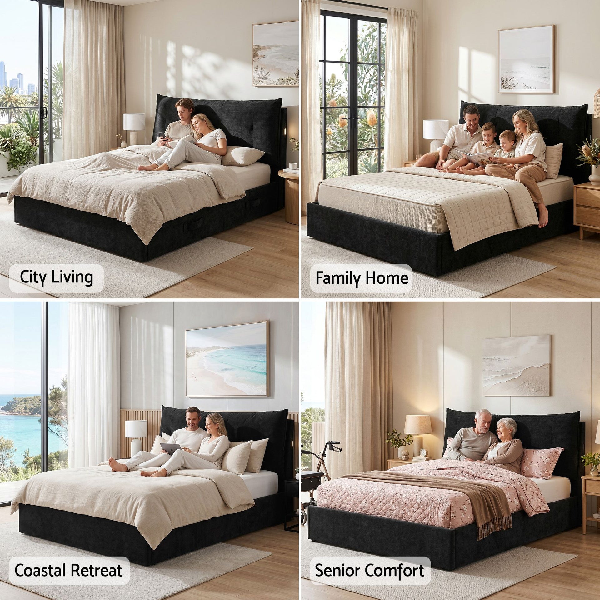 Artiss Queen Bed Frame with Horizontal Gas Lift Storage with LED Light USB Type-C Charging Station Black Velvet Awezingly