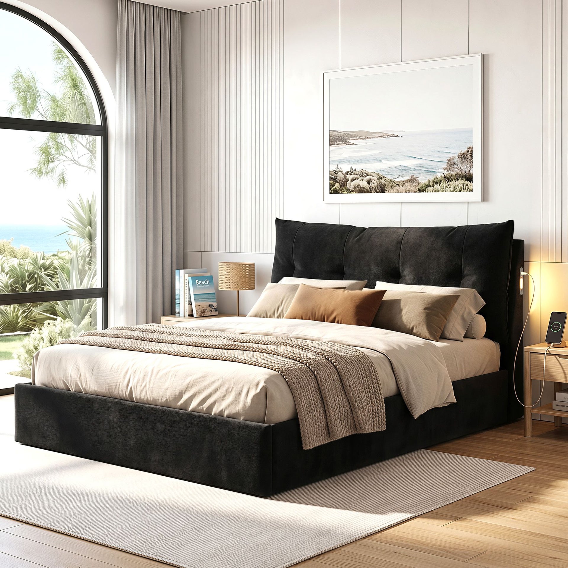 Artiss Queen Bed Frame with Horizontal Gas Lift Storage with LED Light USB Type-C Charging Station Black Velvet Awezingly