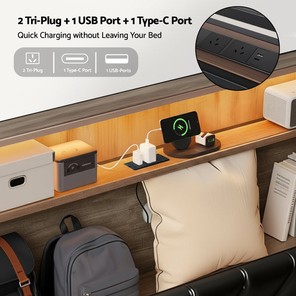 Artiss Double Bed Frame LED Storage Headboard with Charging Station Black Awezingly