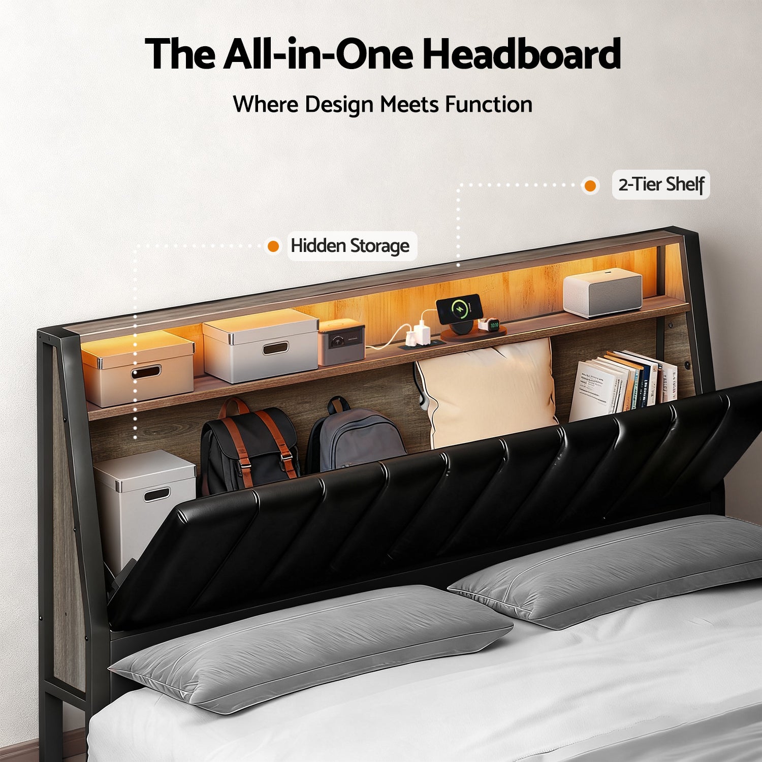 Artiss Queen Bed Frame LED Storage Headboard with Charging Station Black Awezingly