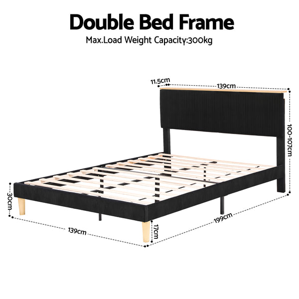 Artiss Double Bed Frame Upholstered Adjustable Headboard Mood Lighting Heavy Duty Black Velvet Awezingly