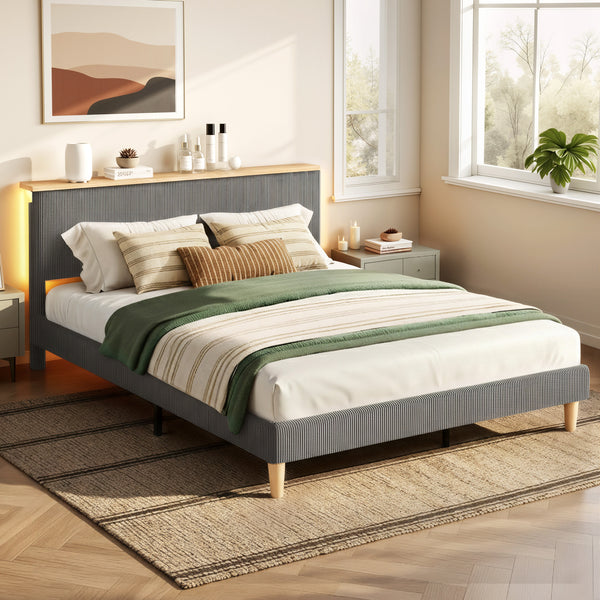 Artiss Double Bed Frame Upholstered Adjustable Headboard Mood Lighting Heavy Duty Grey Velvet Awezingly