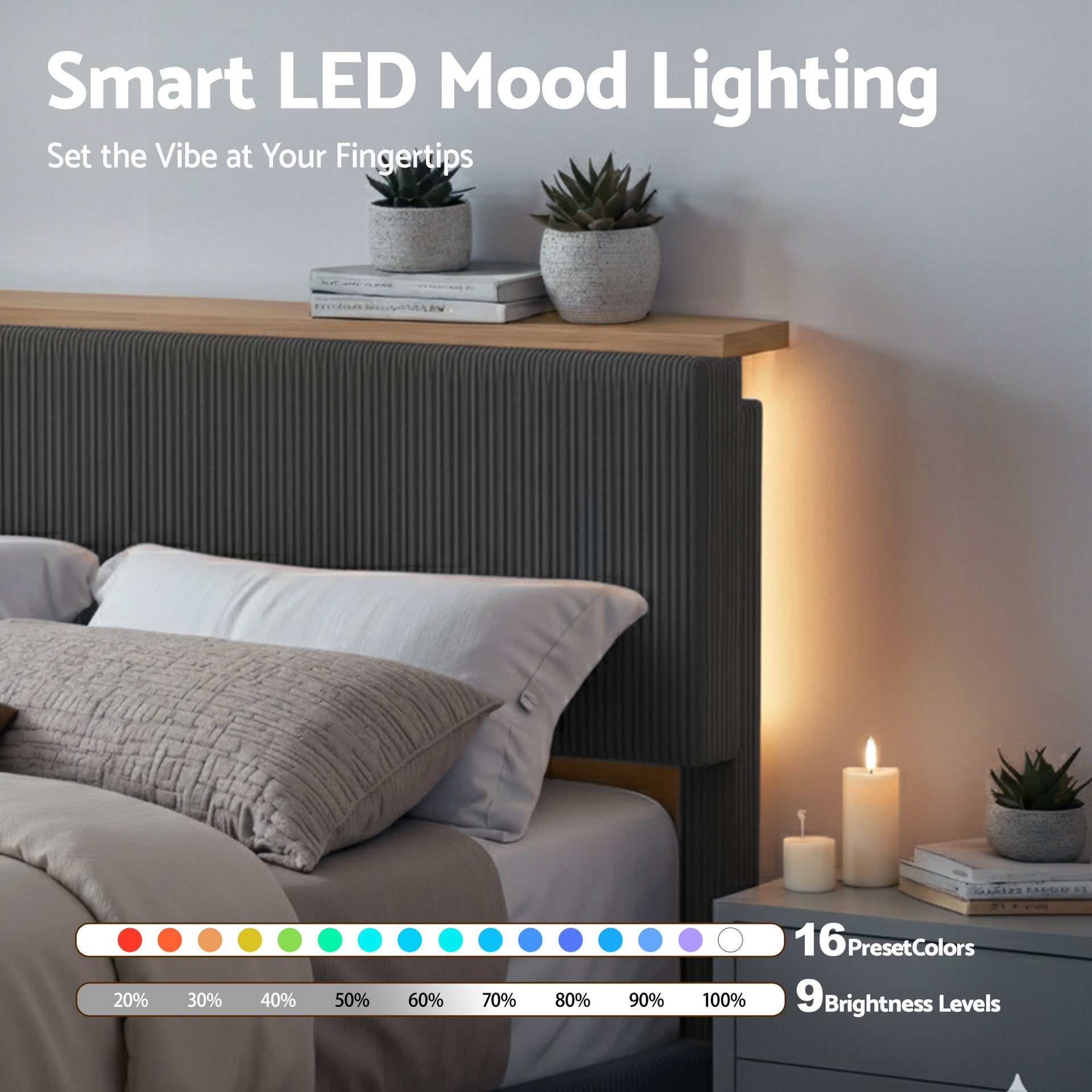 Artiss Double Bed Frame Upholstered Adjustable Headboard Mood Lighting Heavy Duty Grey Velvet Awezingly