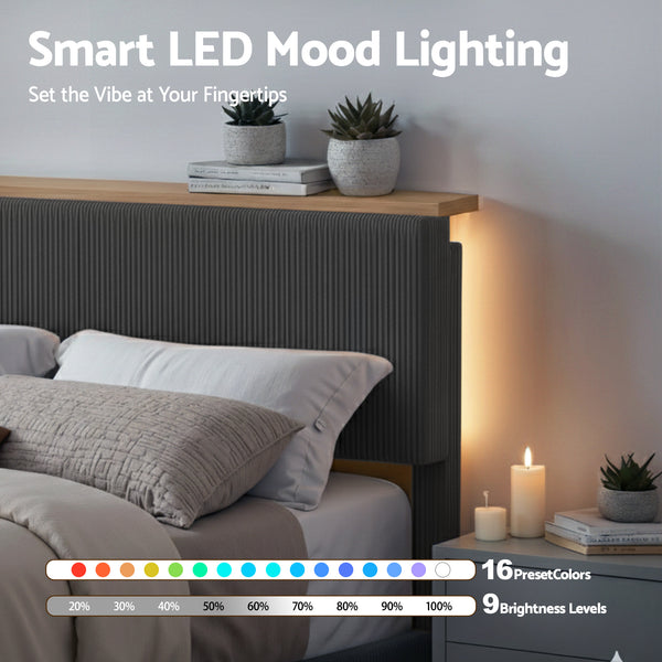 Artiss Double Bed Frame Upholstered Adjustable Headboard Mood Lighting Heavy Duty Grey Velvet Awezingly