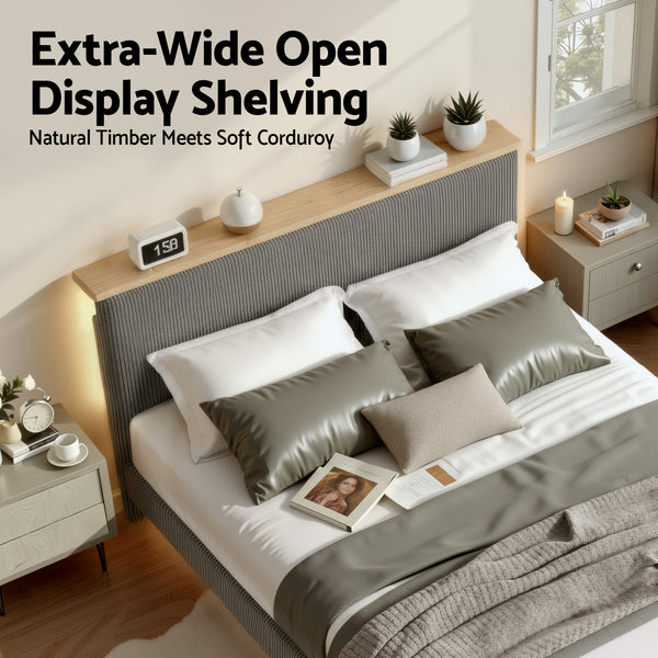 Artiss Double Bed Frame Upholstered Adjustable Headboard Mood Lighting Heavy Duty Grey Velvet Awezingly