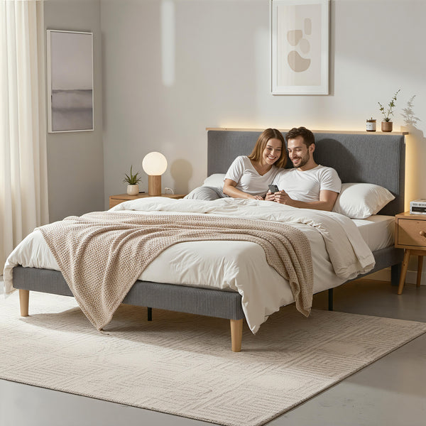 Artiss Double Bed Frame Upholstered Adjustable Headboard Mood Lighting Heavy Duty Grey Velvet Awezingly