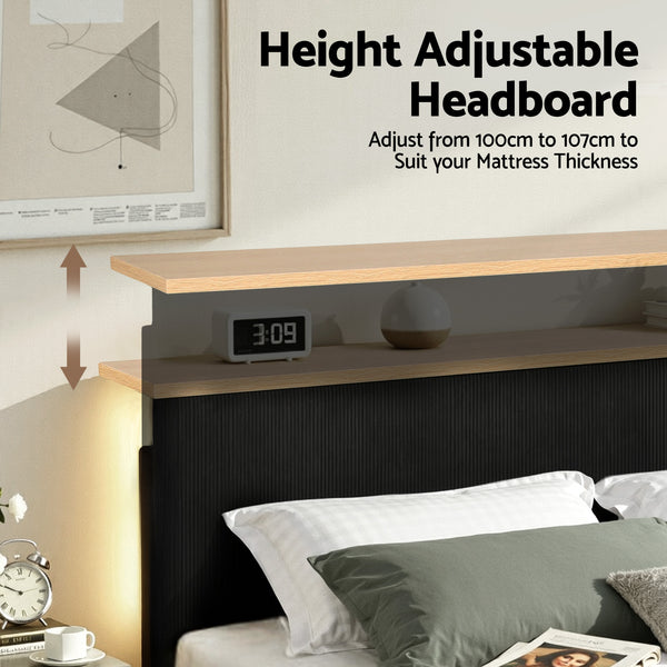 Artiss Queen Bed Frame Upholstered Adjustable Headboard Mood Lighting Heavy Duty Black Velvet Awezingly