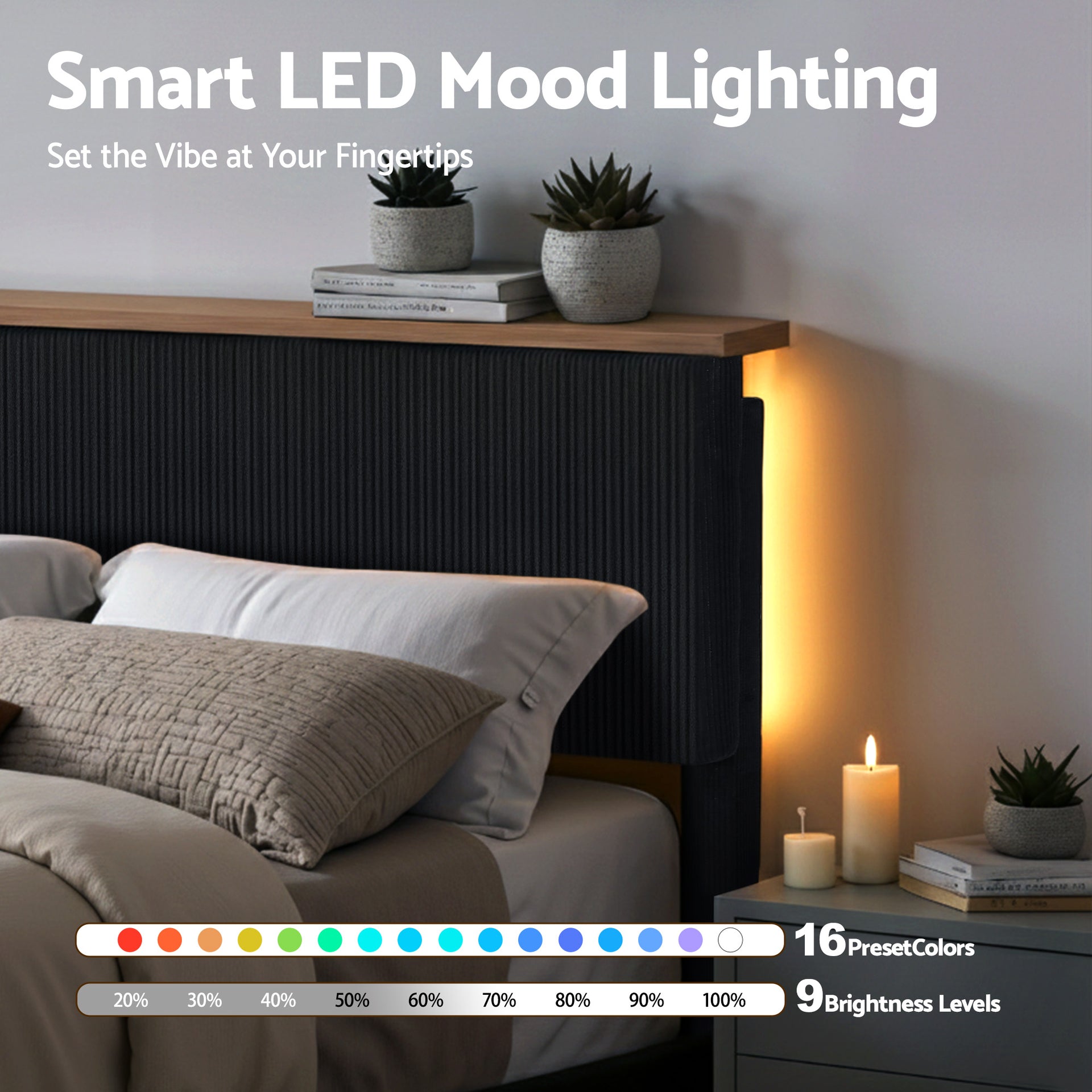 Artiss Queen Bed Frame Upholstered Adjustable Headboard Mood Lighting Heavy Duty Black Velvet Awezingly