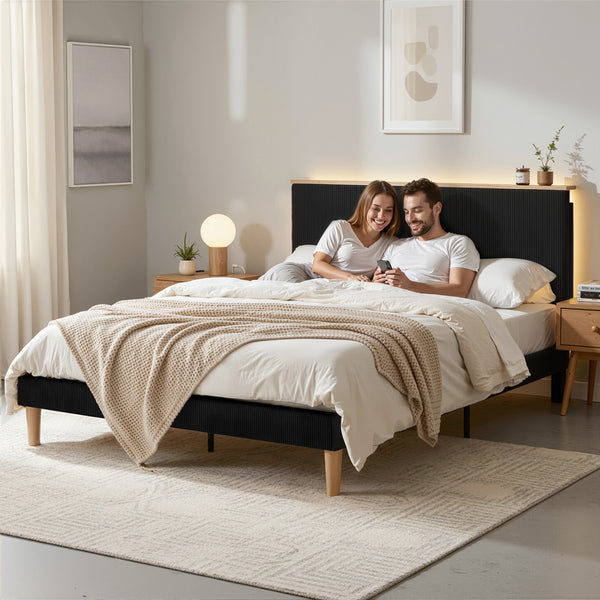 Artiss Queen Bed Frame Upholstered Adjustable Headboard Mood Lighting Heavy Duty Black Velvet Awezingly