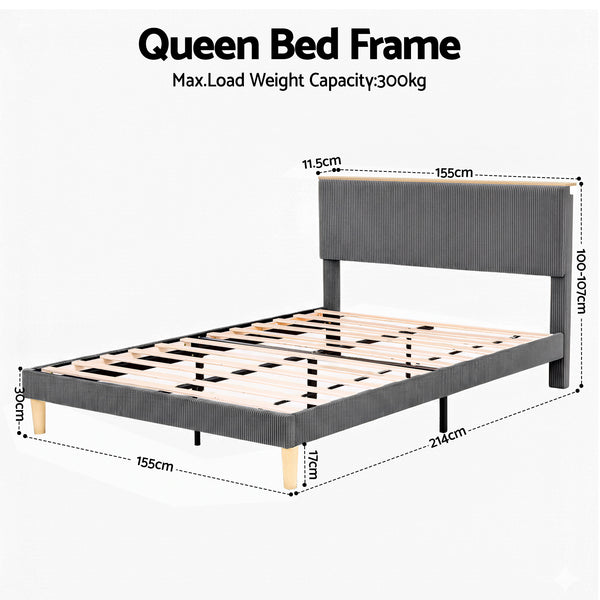 Artiss Queen Bed Frame Upholstered Adjustable Headboard Mood Lighting Heavy Duty Grey Velvet Awezingly