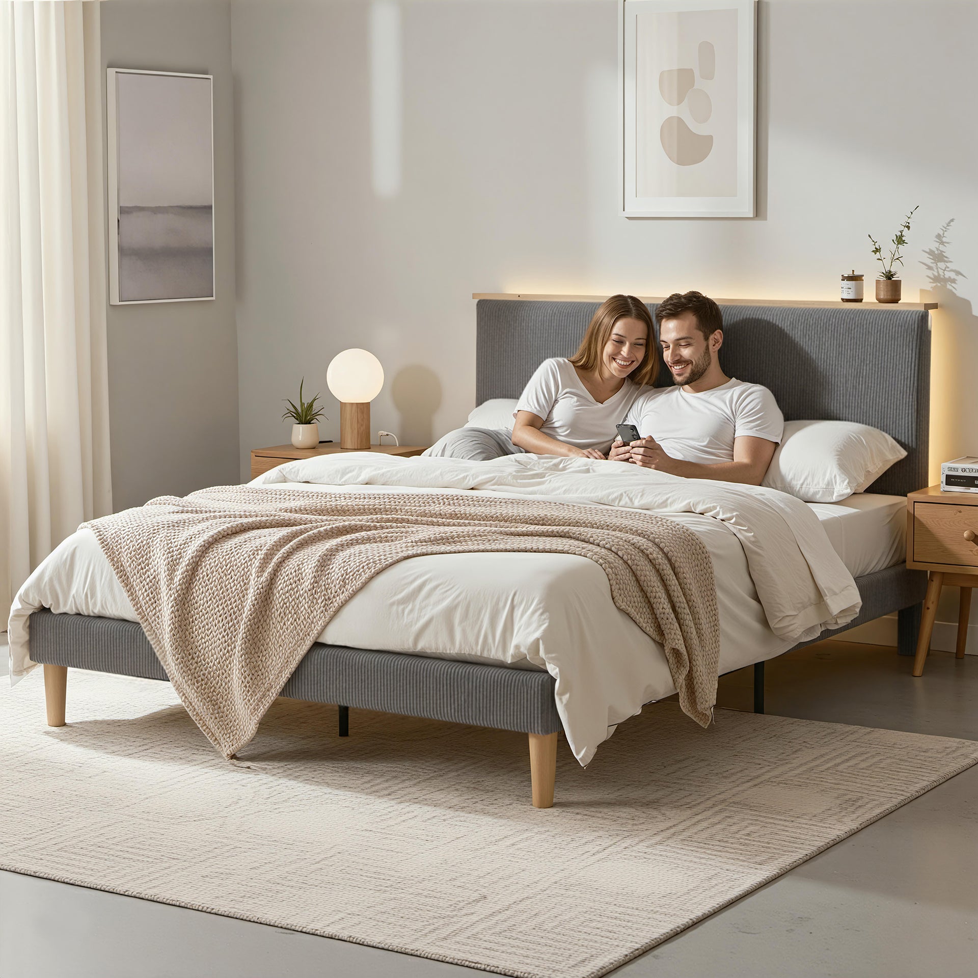 Artiss Queen Bed Frame Upholstered Adjustable Headboard Mood Lighting Heavy Duty Grey Velvet Awezingly