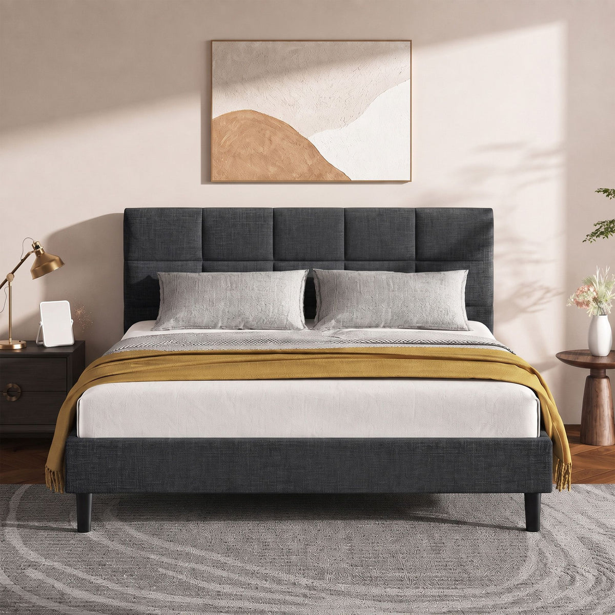Artiss Tino Bed Frame Double Size Charcoal Fabric Artiss