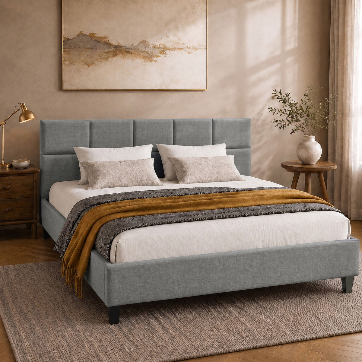 Artiss Tino Bed Frame Queen Size Grey Fabric Artiss