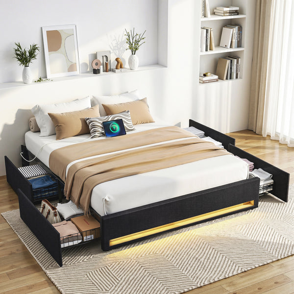 Artiss Double Bed Frame with Storage Drawers RGB Lights Charging Station Upholstered Fabric Awezingly