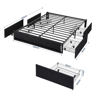 Artiss Double Bed Frame with Storage Drawers RGB Lights Charging Station Upholstered Fabric