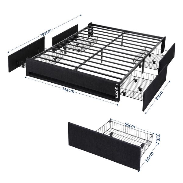 Artiss Double Bed Frame with Storage Drawers RGB Lights Charging Station Upholstered Fabric Awezingly