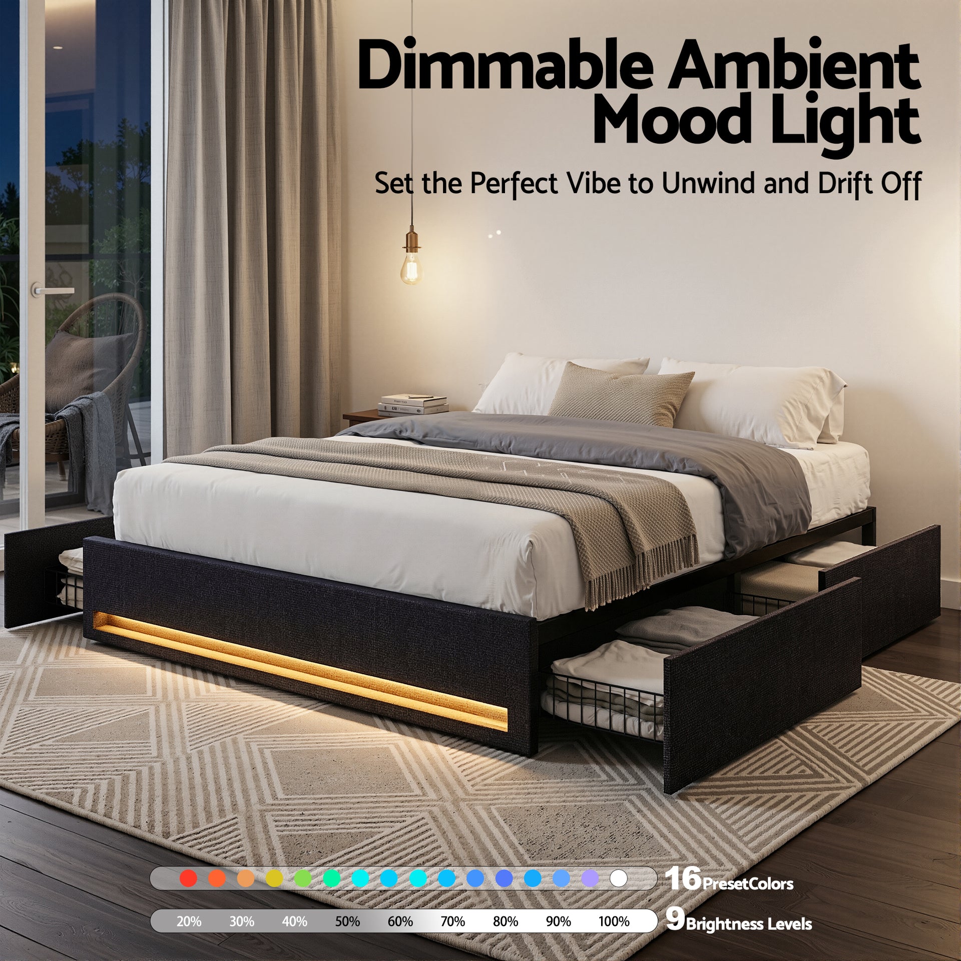 Artiss Double Bed Frame with Storage Drawers RGB Lights Charging Station Upholstered Fabric Awezingly