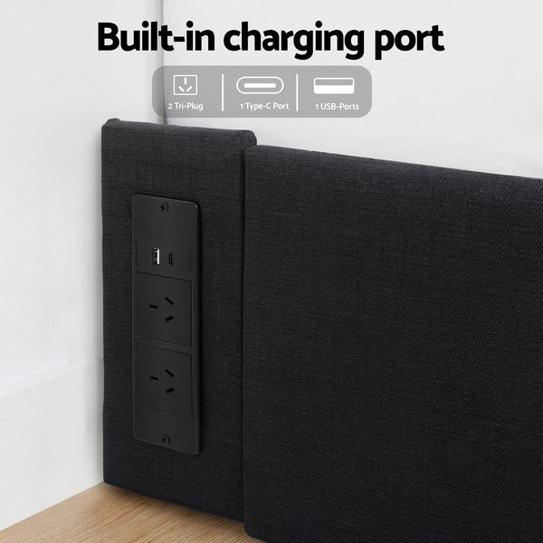 Artiss Double Bed Frame with Storage Drawers RGB Lights Charging Station Upholstered Fabric Awezingly