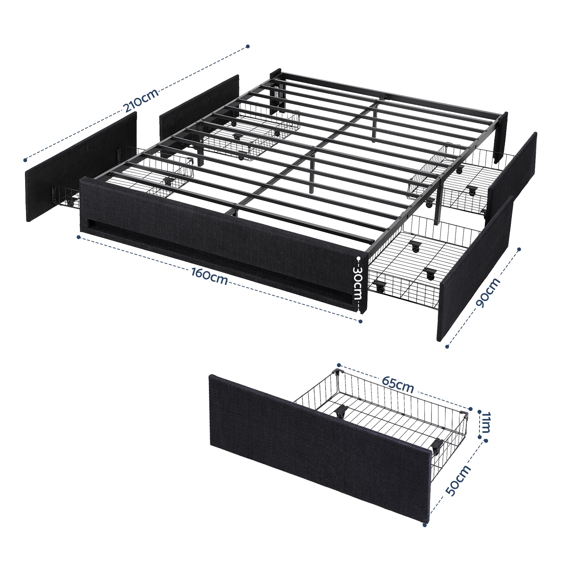 Artiss Queen Bed Frame with Storage Drawers RGB Lights Charging Station Upholstered Fabric Awezingly