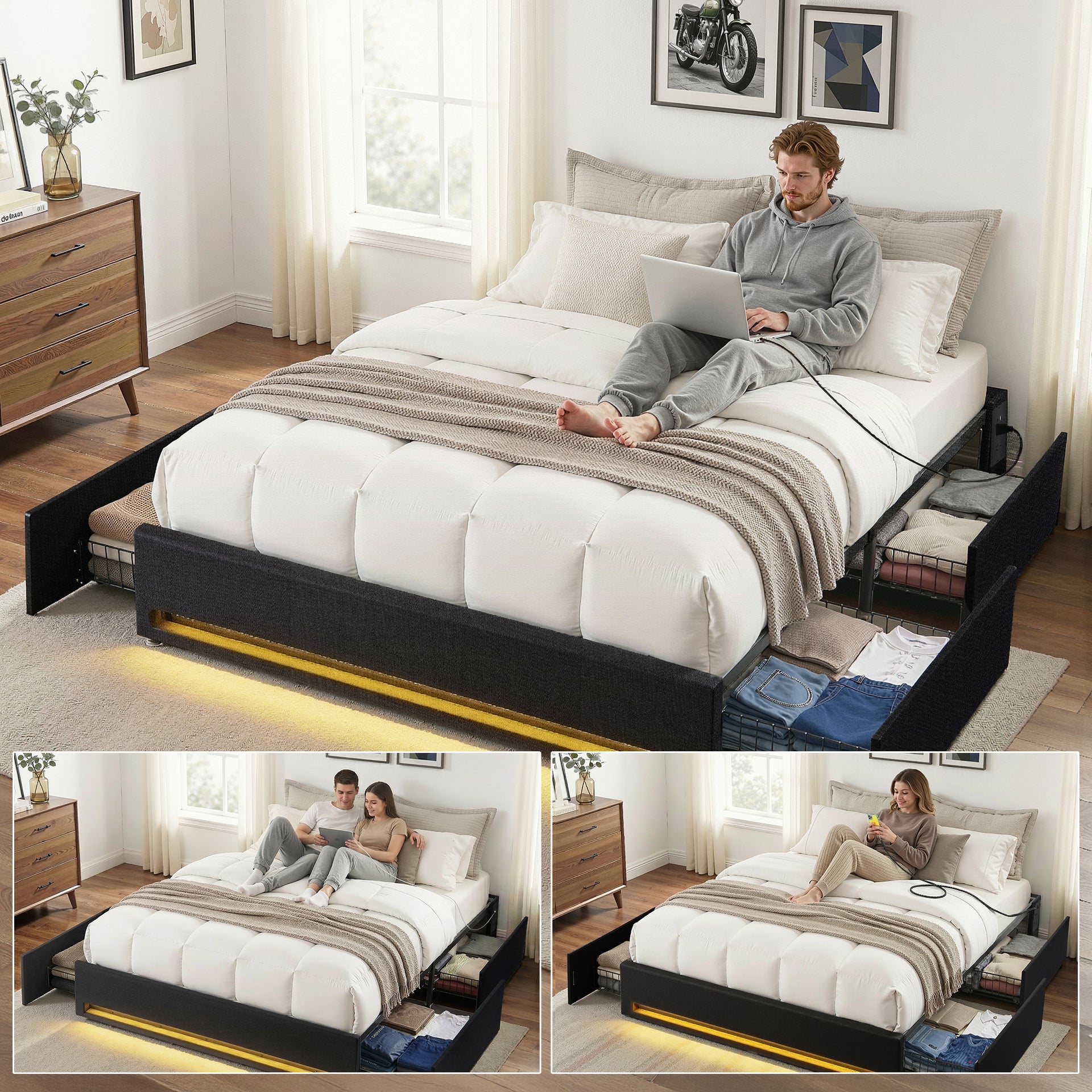 Artiss Queen Bed Frame with Storage Drawers RGB Lights Charging Station Upholstered Fabric Awezingly