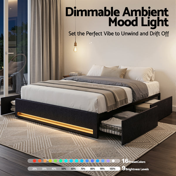 Artiss Queen Bed Frame with Storage Drawers RGB Lights Charging Station Upholstered Fabric Awezingly