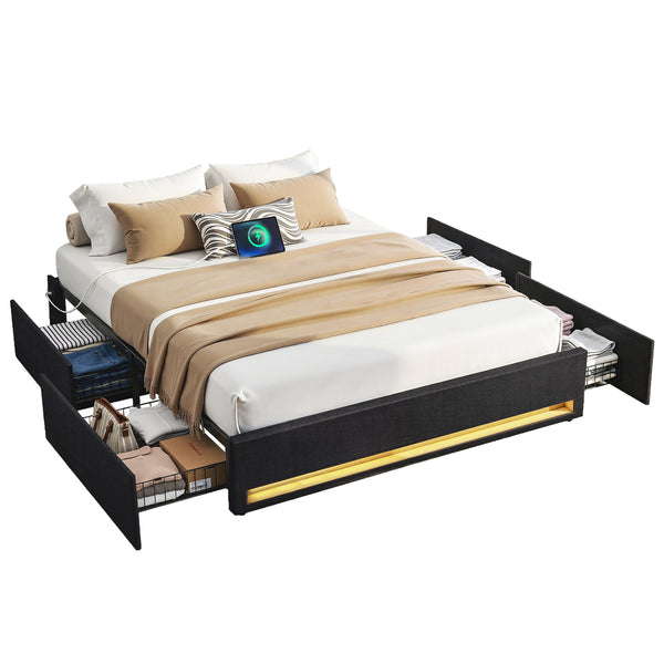 Artiss Queen Bed Frame with Storage Drawers RGB Lights Charging Station Upholstered Fabric Awezingly