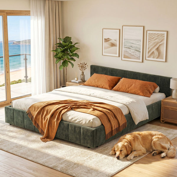 Artiss Double Bed Frame Chenille Heavy Duty Platform Base Green 300kg Support No Box Spring Needed Awezingly