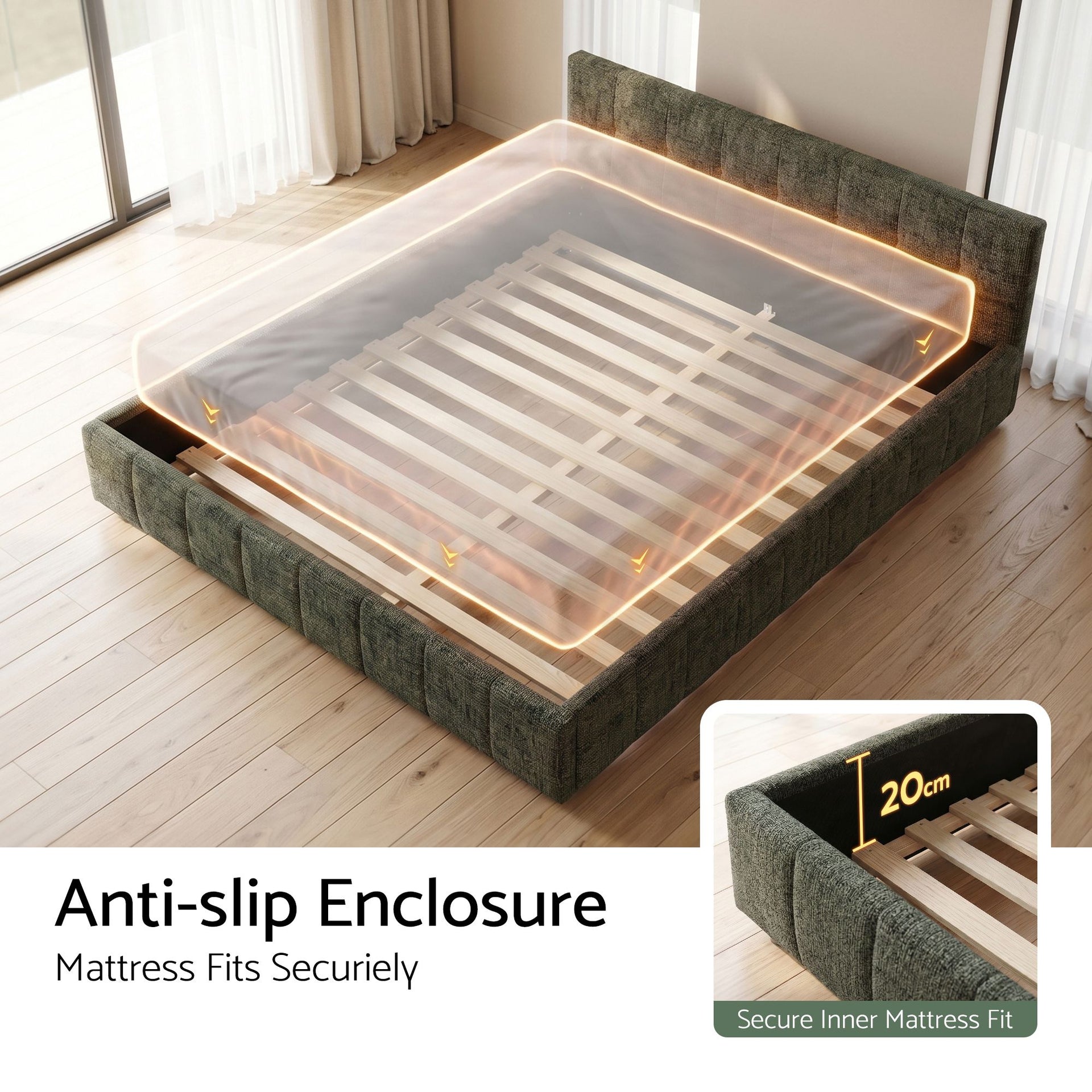 Artiss King Bed Frame Chenille Heavy Duty Platform Base Green 300kg Support No Box Spring Needed Awezingly